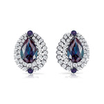 Double Halo Cluster Diamonds Teardrop Alexandrite Stud Earrings - GeumJewels