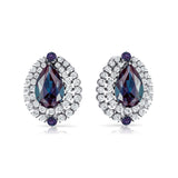 Double Halo Cluster Diamonds Teardrop Alexandrite Stud Earrings - GeumJewels