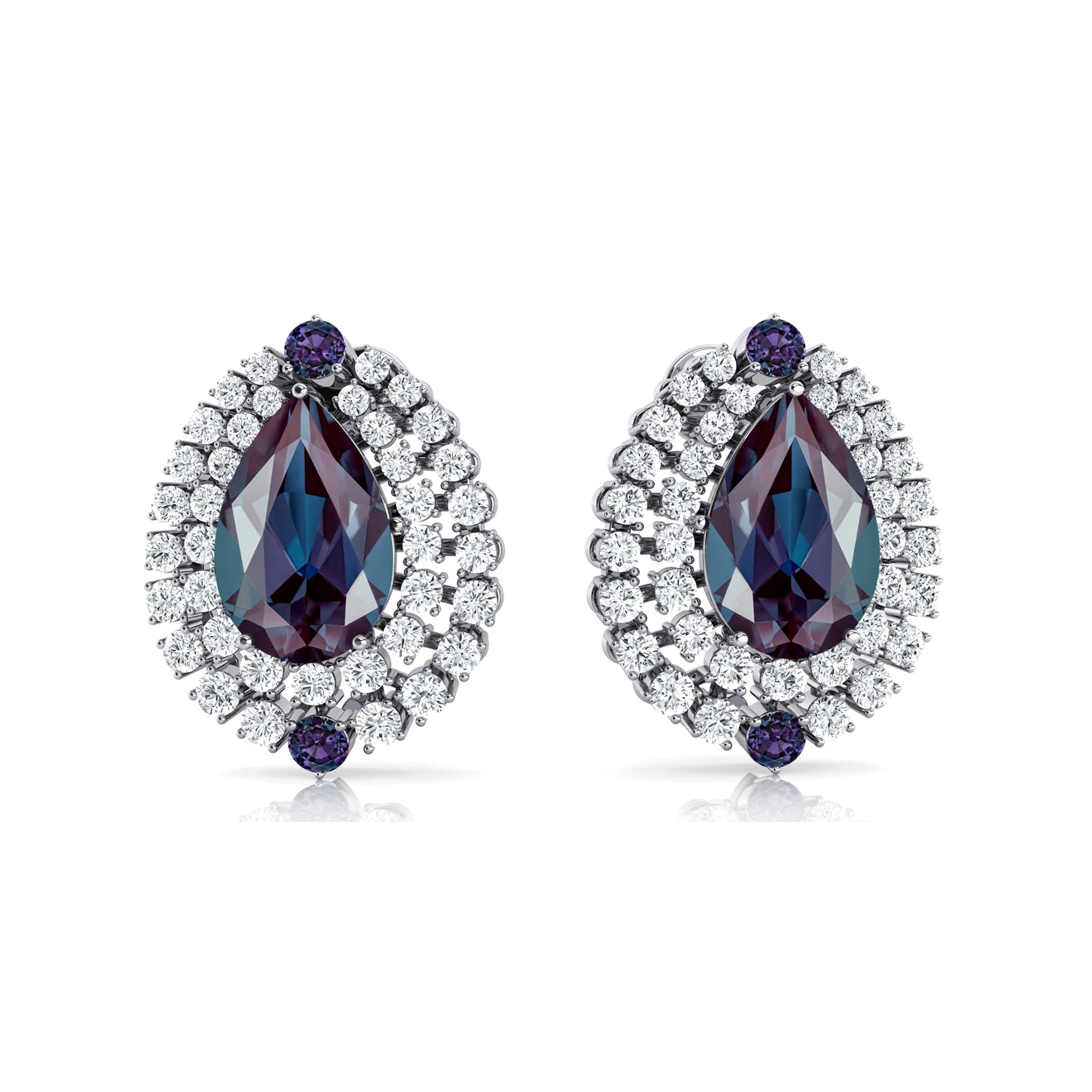 Double Halo Cluster Diamonds Teardrop Alexandrite Stud Earrings - GeumJewels
