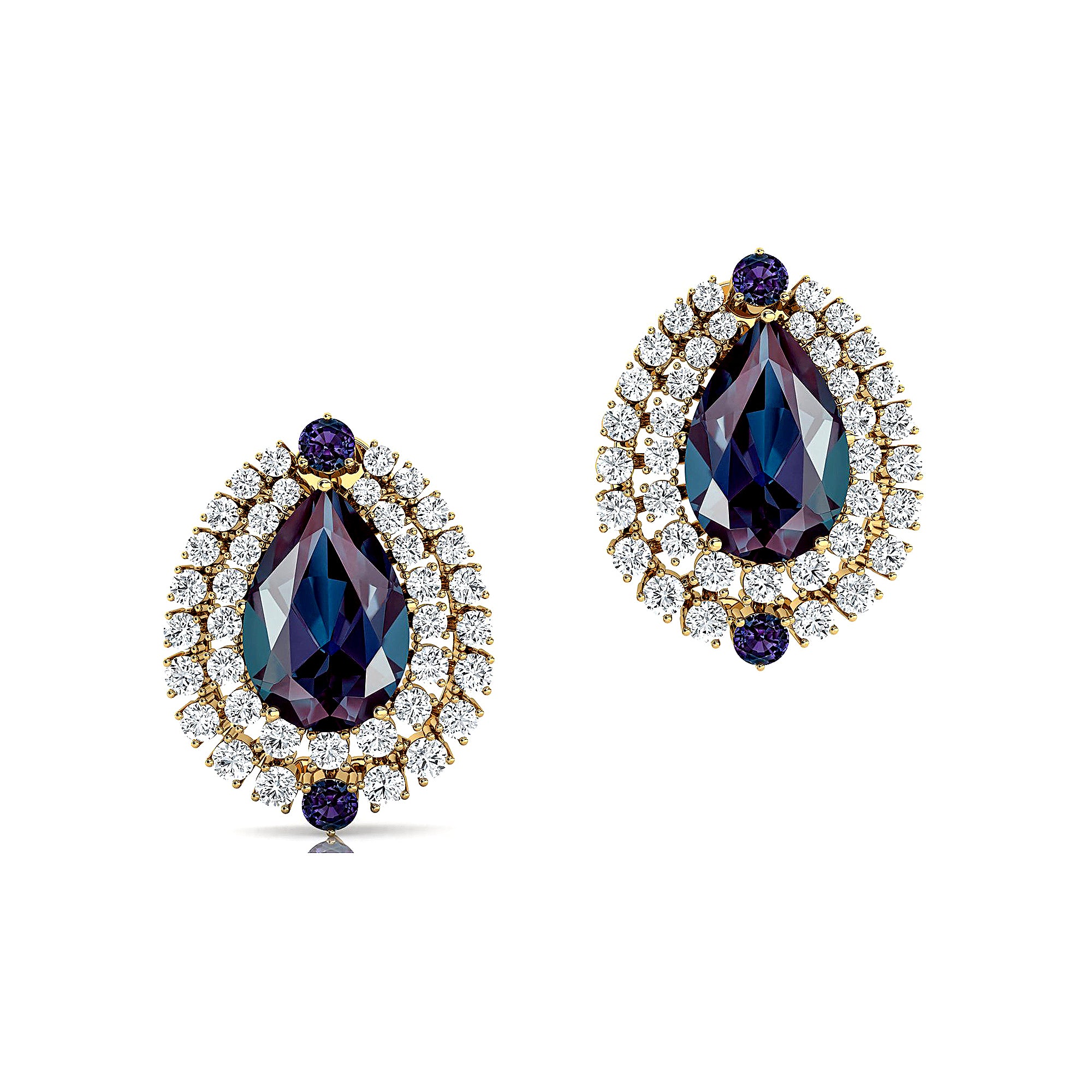 Double Halo Cluster Diamonds Teardrop Alexandrite Stud Earrings - GeumJewels