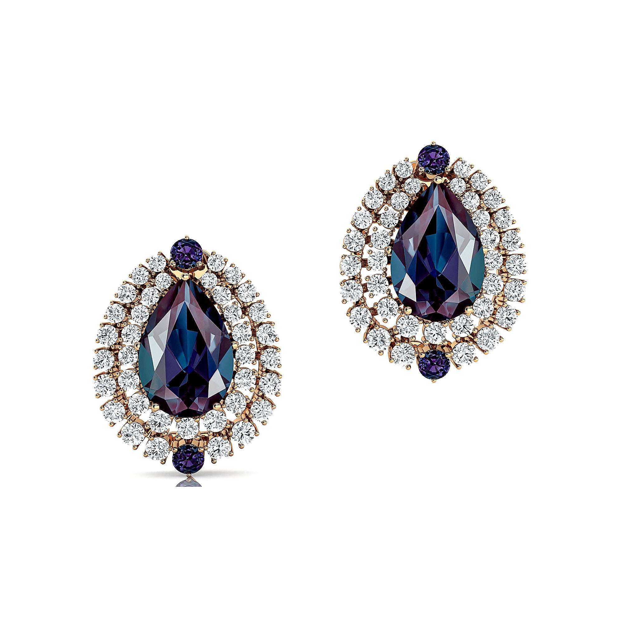 Double Halo Cluster Diamonds Teardrop Alexandrite Stud Earrings - GeumJewels