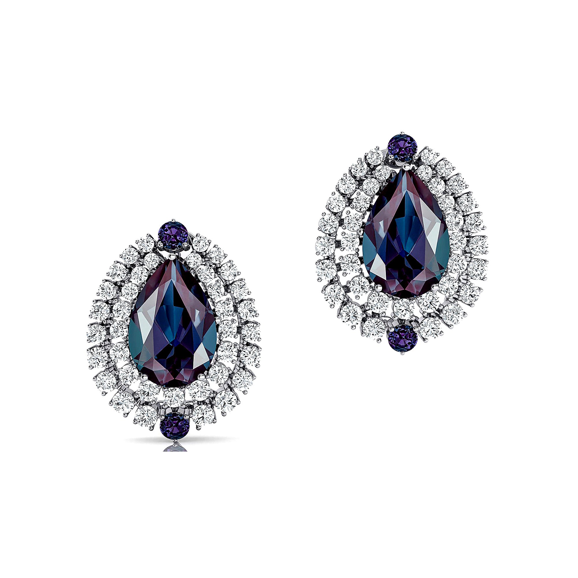 Double Halo Cluster Diamonds Teardrop Alexandrite Stud Earrings - GeumJewels