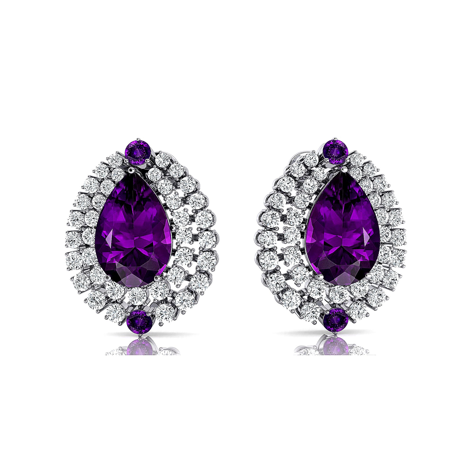 Double Halo Cluster Diamonds Teardrop Amethyst Stud Earrings - GeumJewels