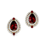 Double Halo Cluster Diamonds Teardrop Garnet Stud Earrings - GeumJewels
