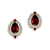 Double Halo Cluster Diamonds Teardrop Garnet Stud Earrings - GeumJewels