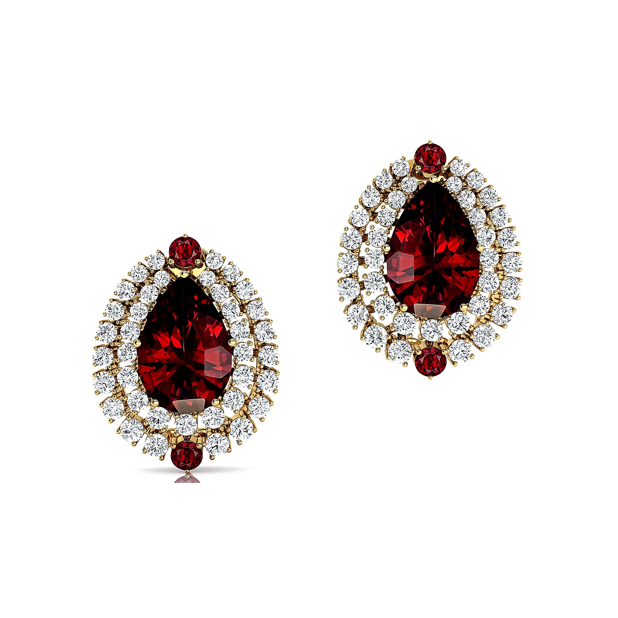 Double Halo Cluster Diamonds Teardrop Garnet Stud Earrings - GeumJewels