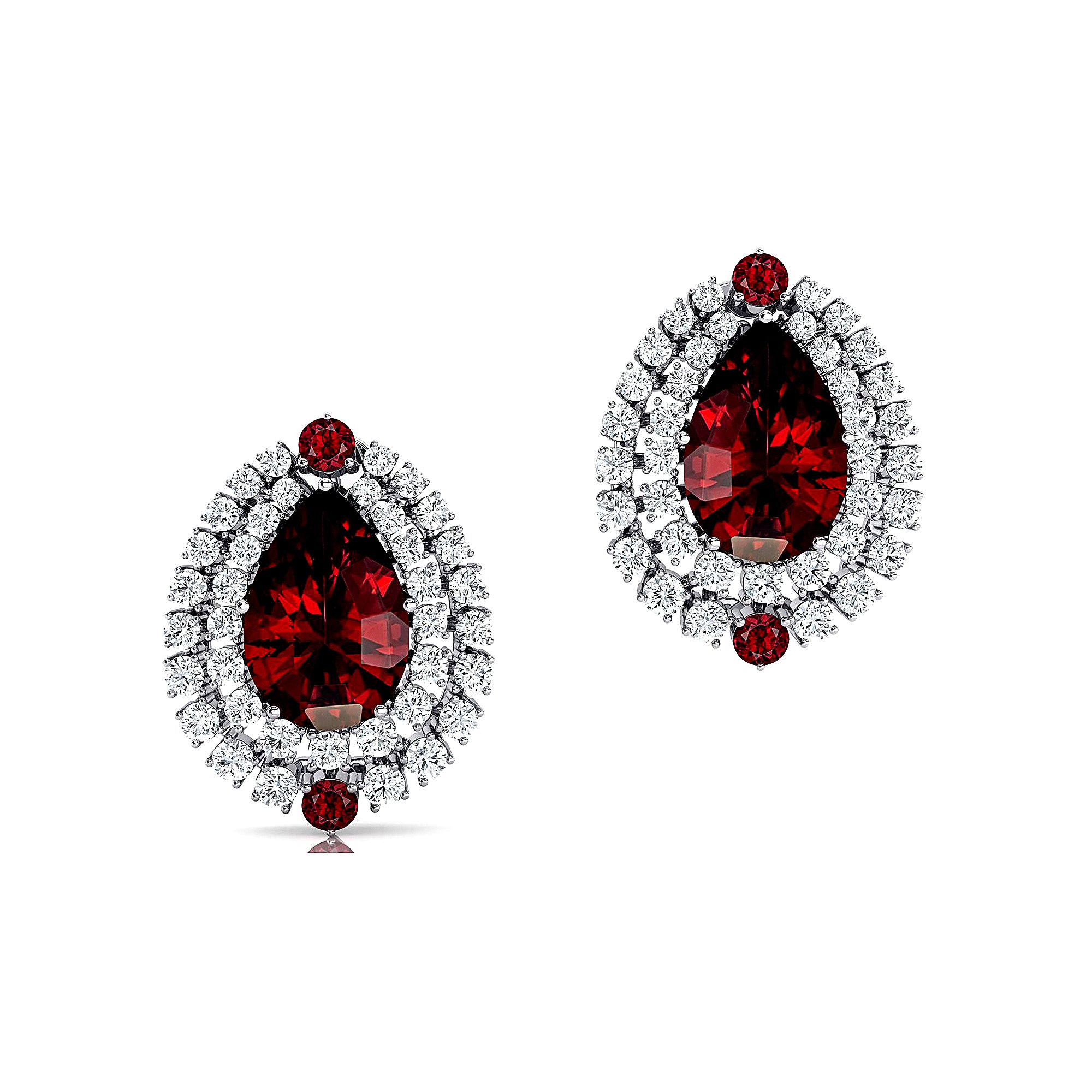 Double Halo Cluster Diamonds Teardrop Garnet Stud Earrings - GeumJewels