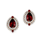 Double Halo Cluster Diamonds Teardrop Garnet Stud Earrings - GeumJewels