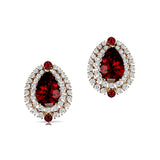 Double Halo Cluster Diamonds Teardrop Garnet Stud Earrings - GeumJewels