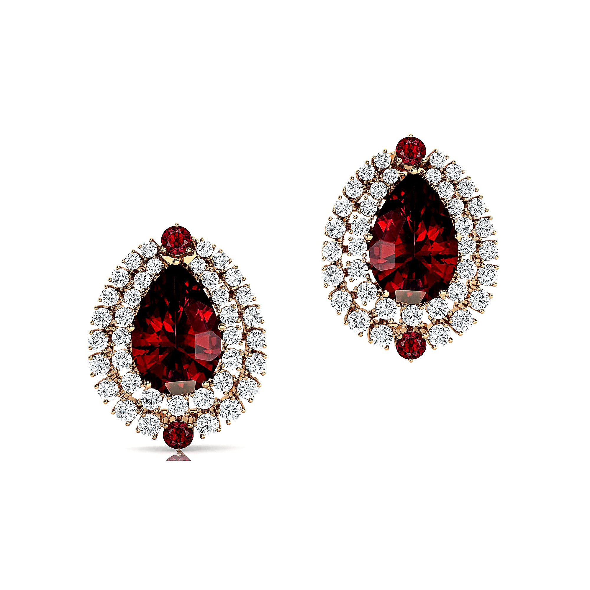 Double Halo Cluster Diamonds Teardrop Garnet Stud Earrings - GeumJewels