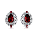 Double Halo Cluster Diamonds Teardrop Garnet Stud Earrings - GeumJewels