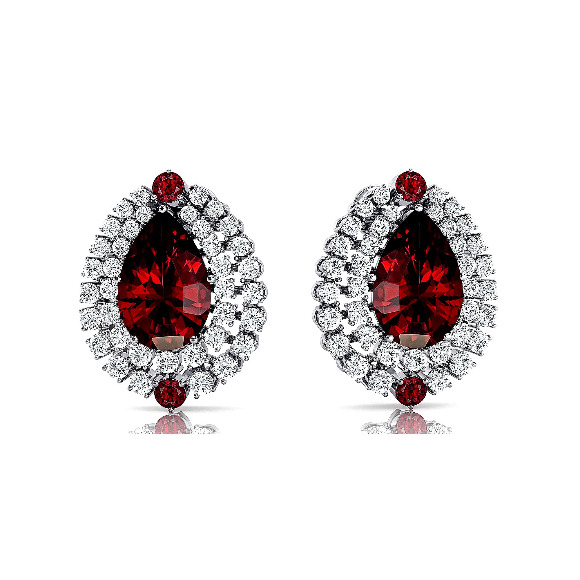 Double Halo Cluster Diamonds Teardrop Garnet Stud Earrings - GeumJewels
