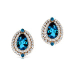Double Halo Cluster Diamonds Teardrop London Blue Topaz Stud Earrings - GeumJewels