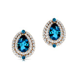 Double Halo Cluster Diamonds Teardrop London Blue Topaz Stud Earrings - GeumJewels