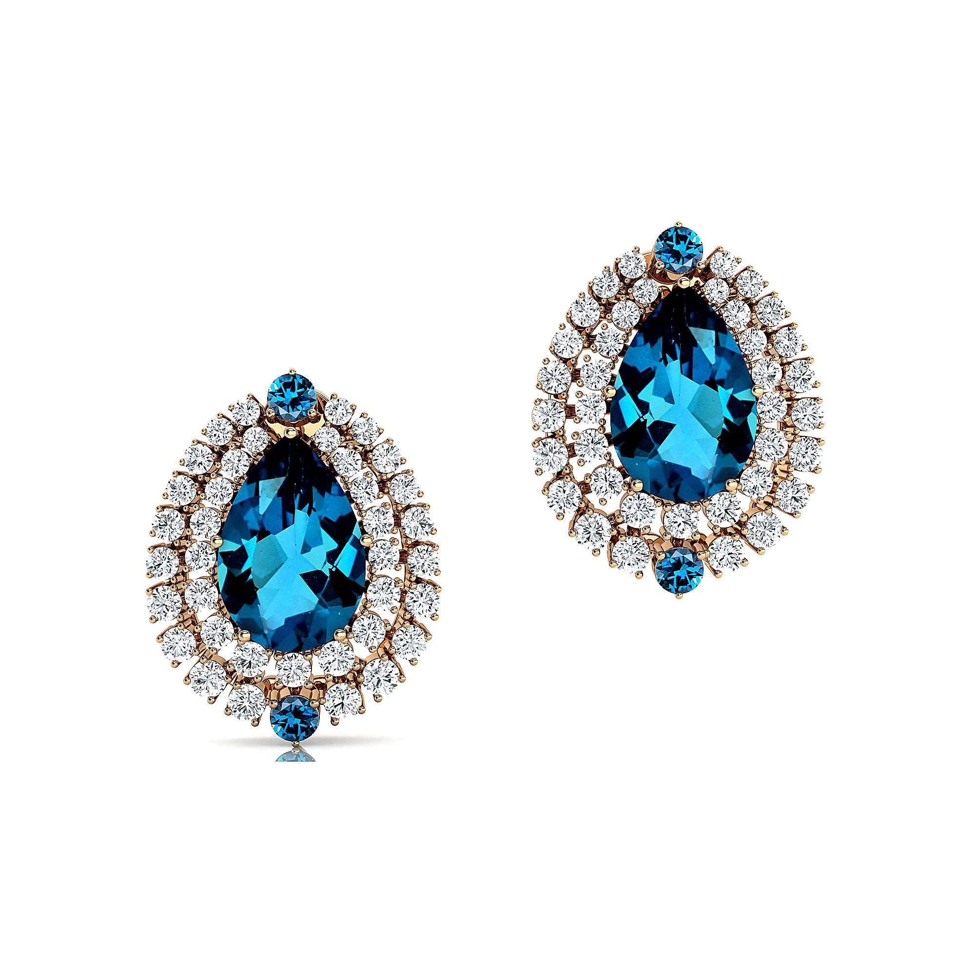 Double Halo Cluster Diamonds Teardrop London Blue Topaz Stud Earrings - GeumJewels