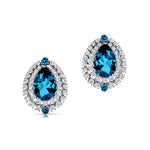 Double Halo Cluster Diamonds Teardrop London Blue Topaz Stud Earrings - GeumJewels
