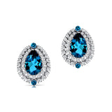 Double Halo Cluster Diamonds Teardrop London Blue Topaz Stud Earrings - GeumJewels