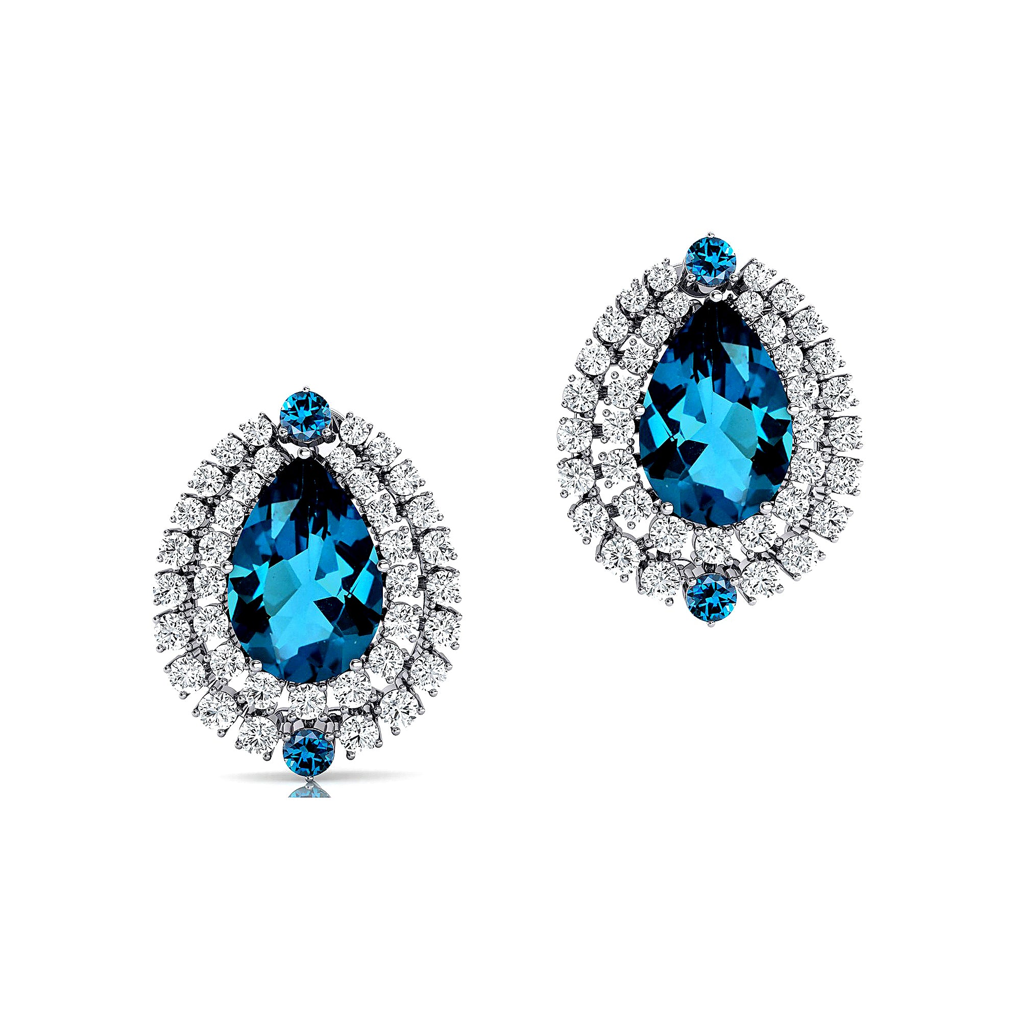 Double Halo Cluster Diamonds Teardrop London Blue Topaz Stud Earrings - GeumJewels