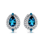 Double Halo Cluster Diamonds Teardrop London Blue Topaz Stud Earrings - GeumJewels
