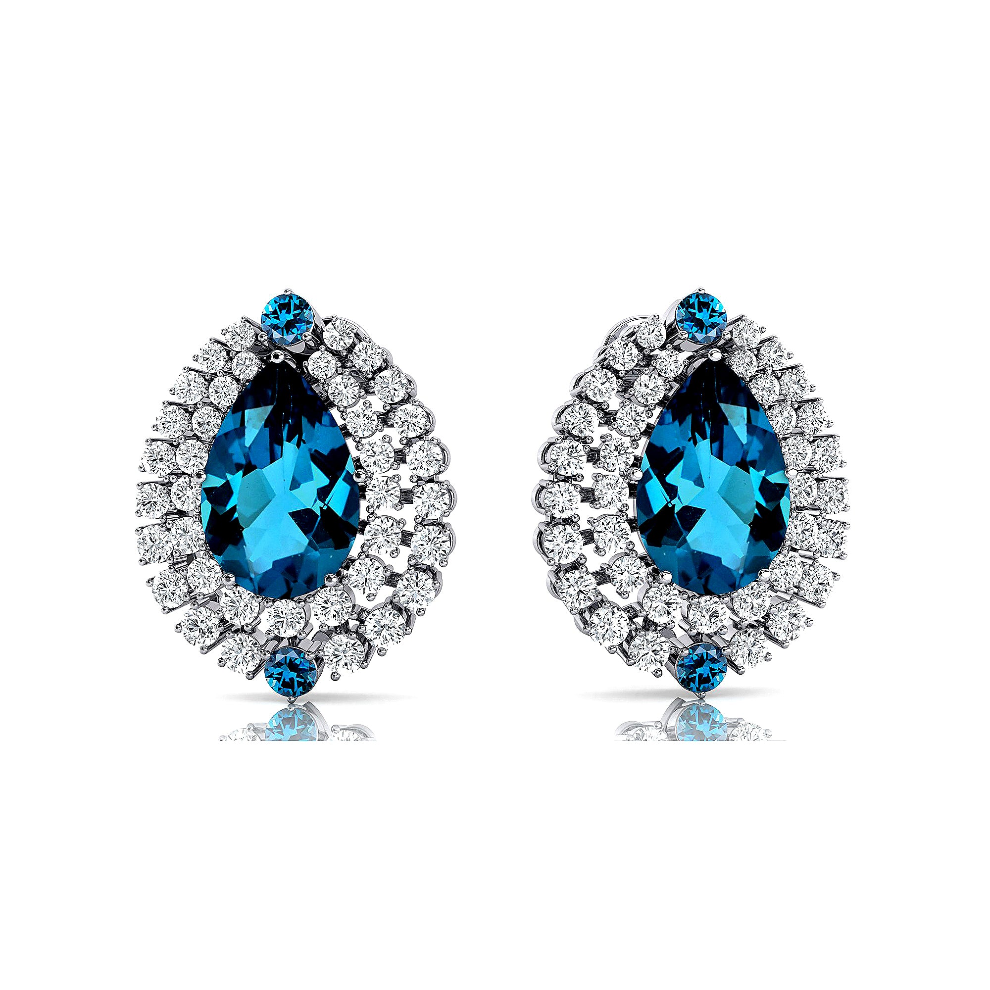 Double Halo Cluster Diamonds Teardrop London Blue Topaz Stud Earrings - GeumJewels
