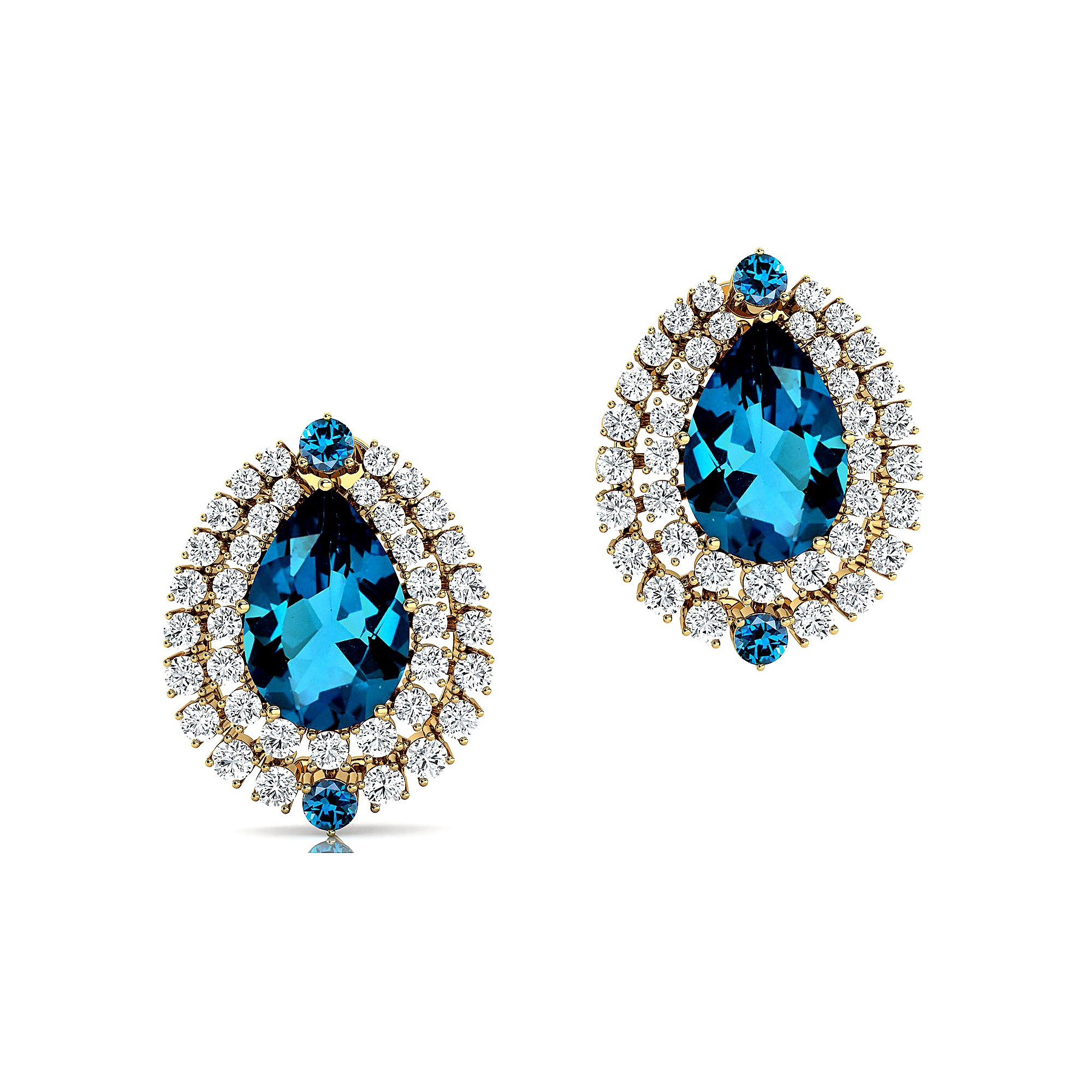 Double Halo Cluster Diamonds Teardrop London Blue Topaz Stud Earrings - GeumJewels