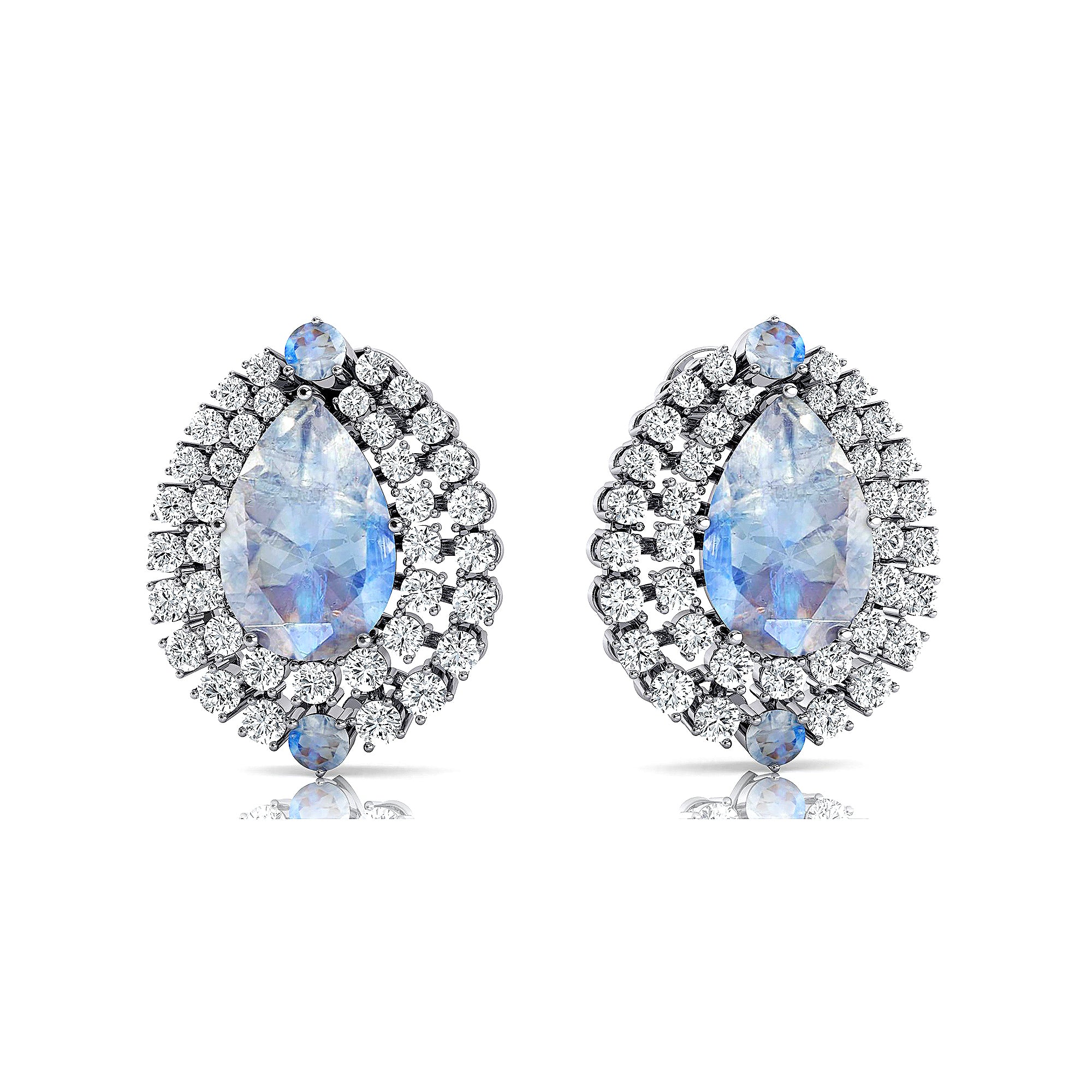 Double Halo Cluster Diamonds Teardrop Moonstone Stud Earrings - GeumJewels