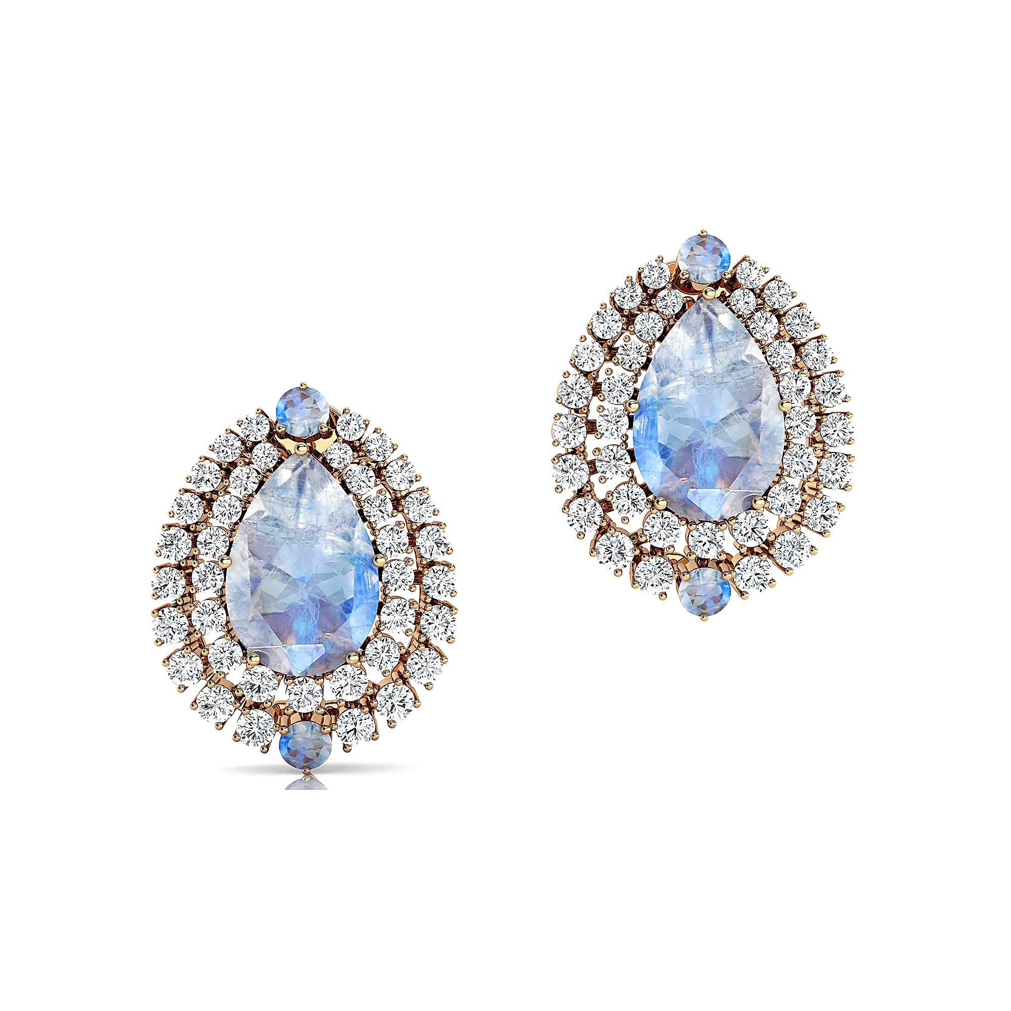 Double Halo Cluster Diamonds Teardrop Moonstone Stud Earrings - GeumJewels