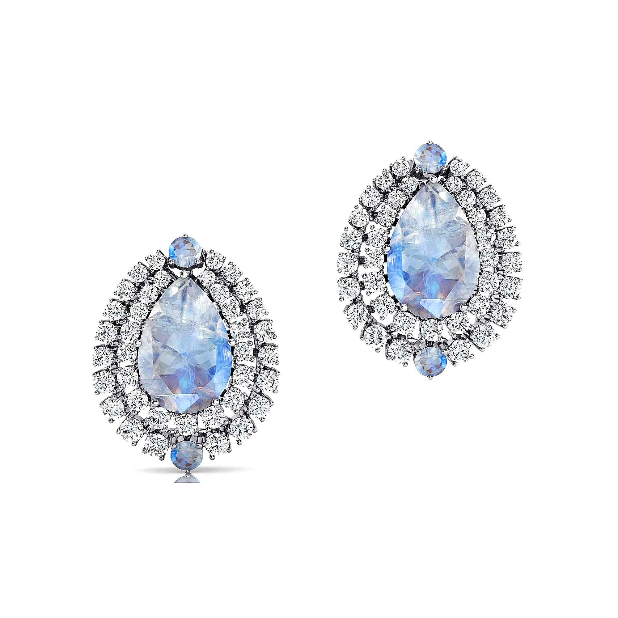 Double Halo Cluster Diamonds Teardrop Moonstone Stud Earrings - GeumJewels
