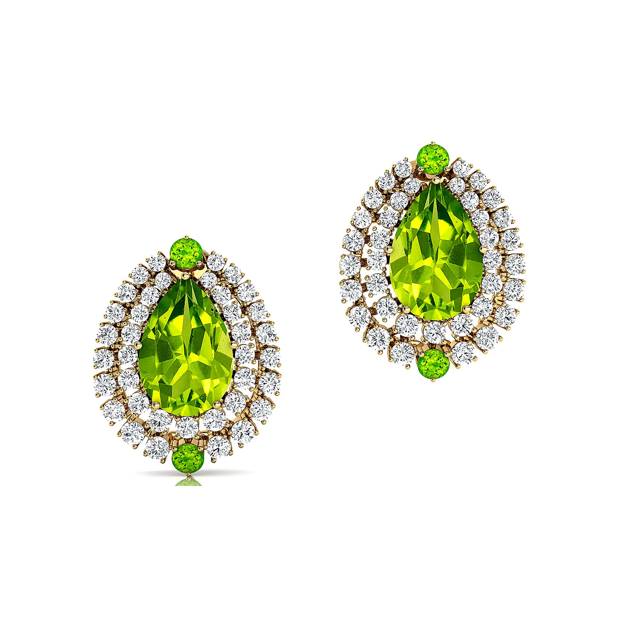 Double Halo Cluster Diamonds Teardrop Peridot Stud Earrings - GeumJewels