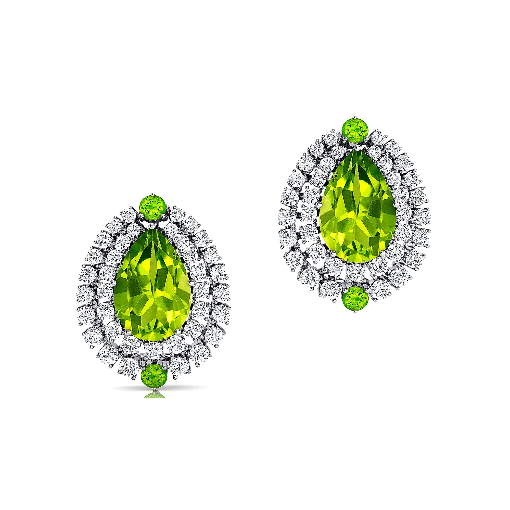 Double Halo Cluster Diamonds Teardrop Peridot Stud Earrings - GeumJewels
