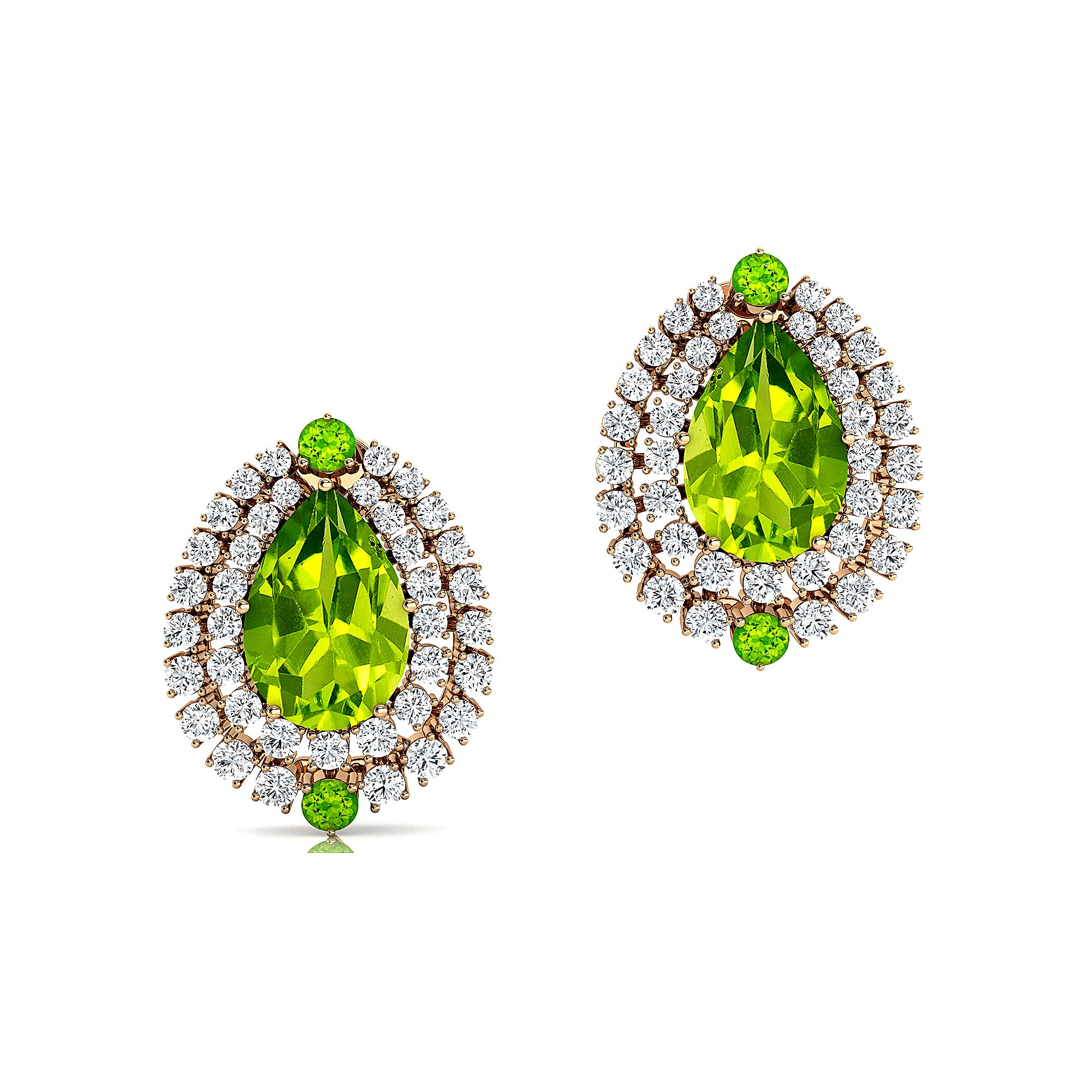 Double Halo Cluster Diamonds Teardrop Peridot Stud Earrings - GeumJewels