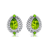 Double Halo Cluster Diamonds Teardrop Peridot Stud Earrings - GeumJewels