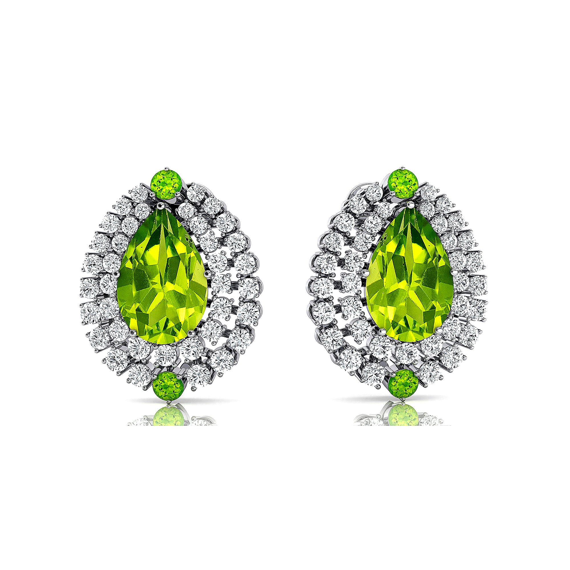 Double Halo Cluster Diamonds Teardrop Peridot Stud Earrings - GeumJewels