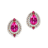 Double Halo Cluster Diamonds Teardrop Pink Sapphire Stud Earrings - GeumJewels