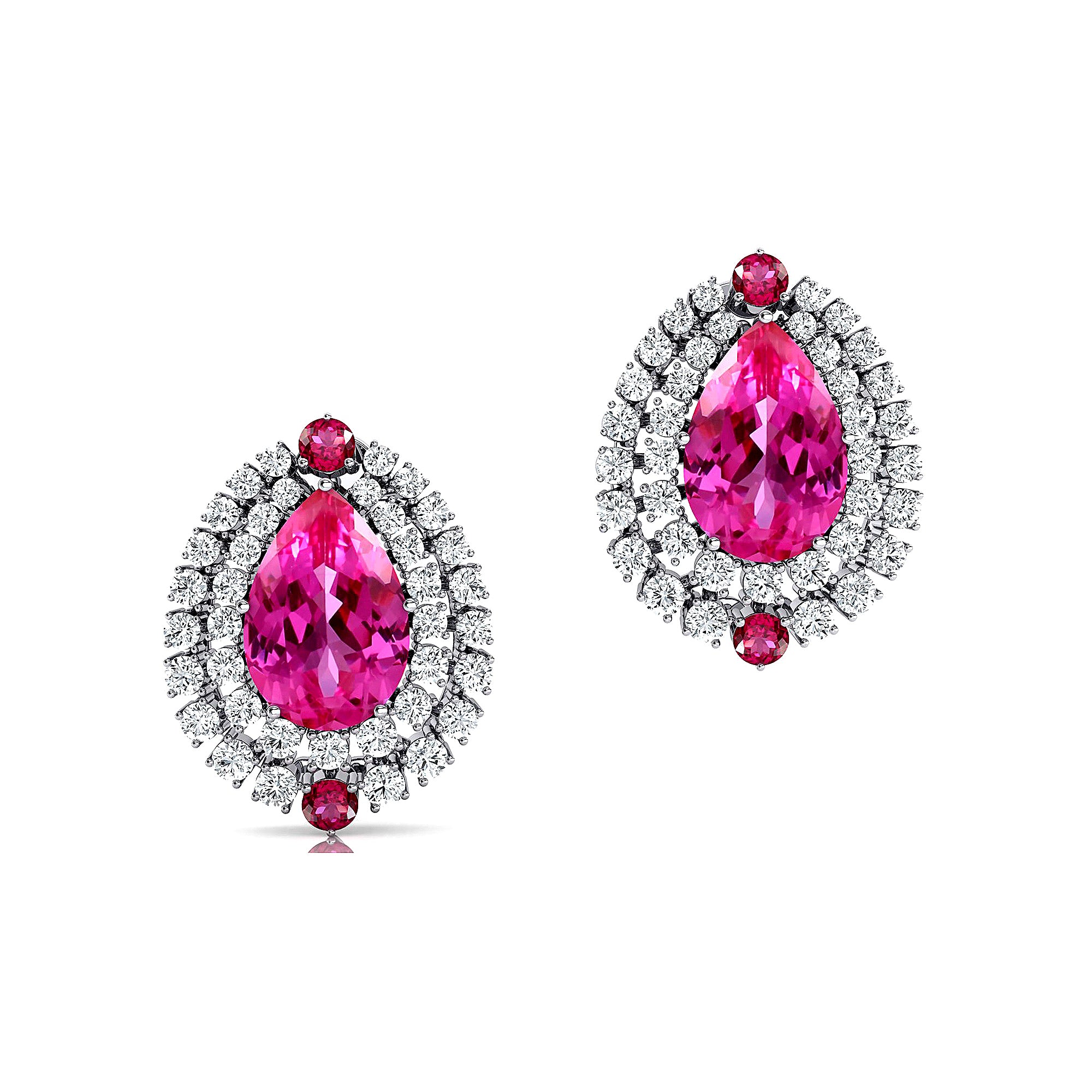 Double Halo Cluster Diamonds Teardrop Pink Sapphire Stud Earrings - GeumJewels