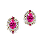Double Halo Cluster Diamonds Teardrop Pink Sapphire Stud Earrings - GeumJewels