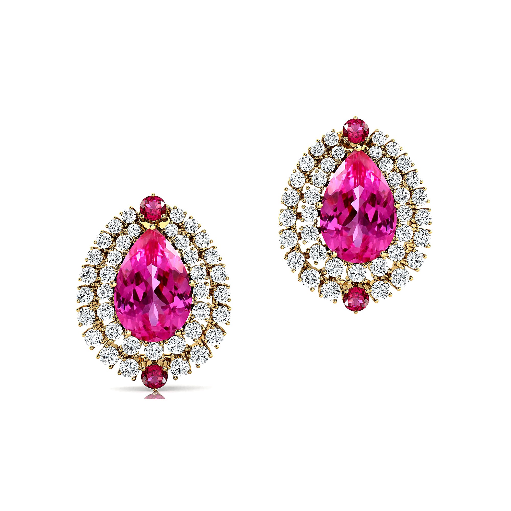 Double Halo Cluster Diamonds Teardrop Pink Sapphire Stud Earrings - GeumJewels