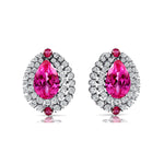 Double Halo Cluster Diamonds Teardrop Pink Sapphire Stud Earrings - GeumJewels