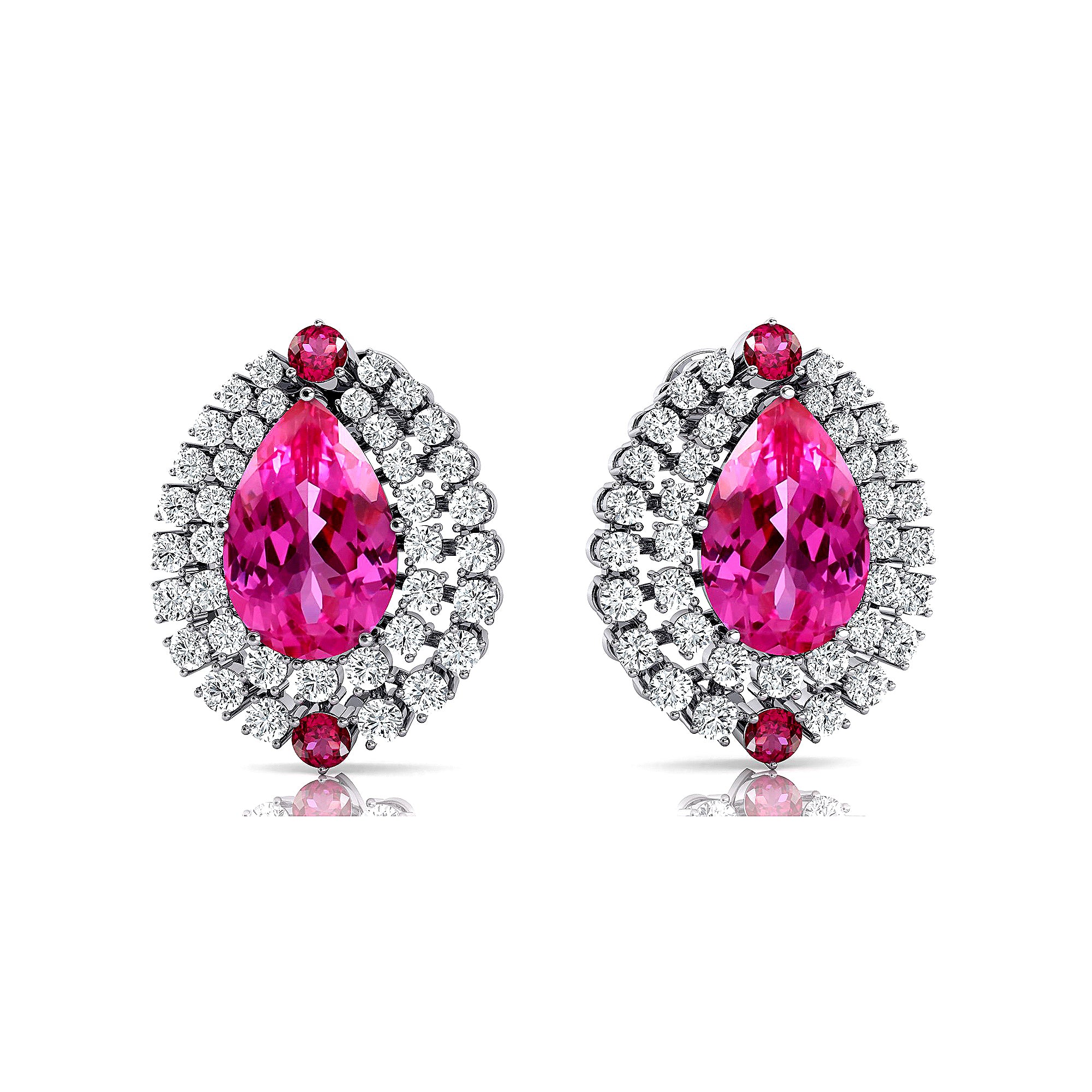 Double Halo Cluster Diamonds Teardrop Pink Sapphire Stud Earrings - GeumJewels