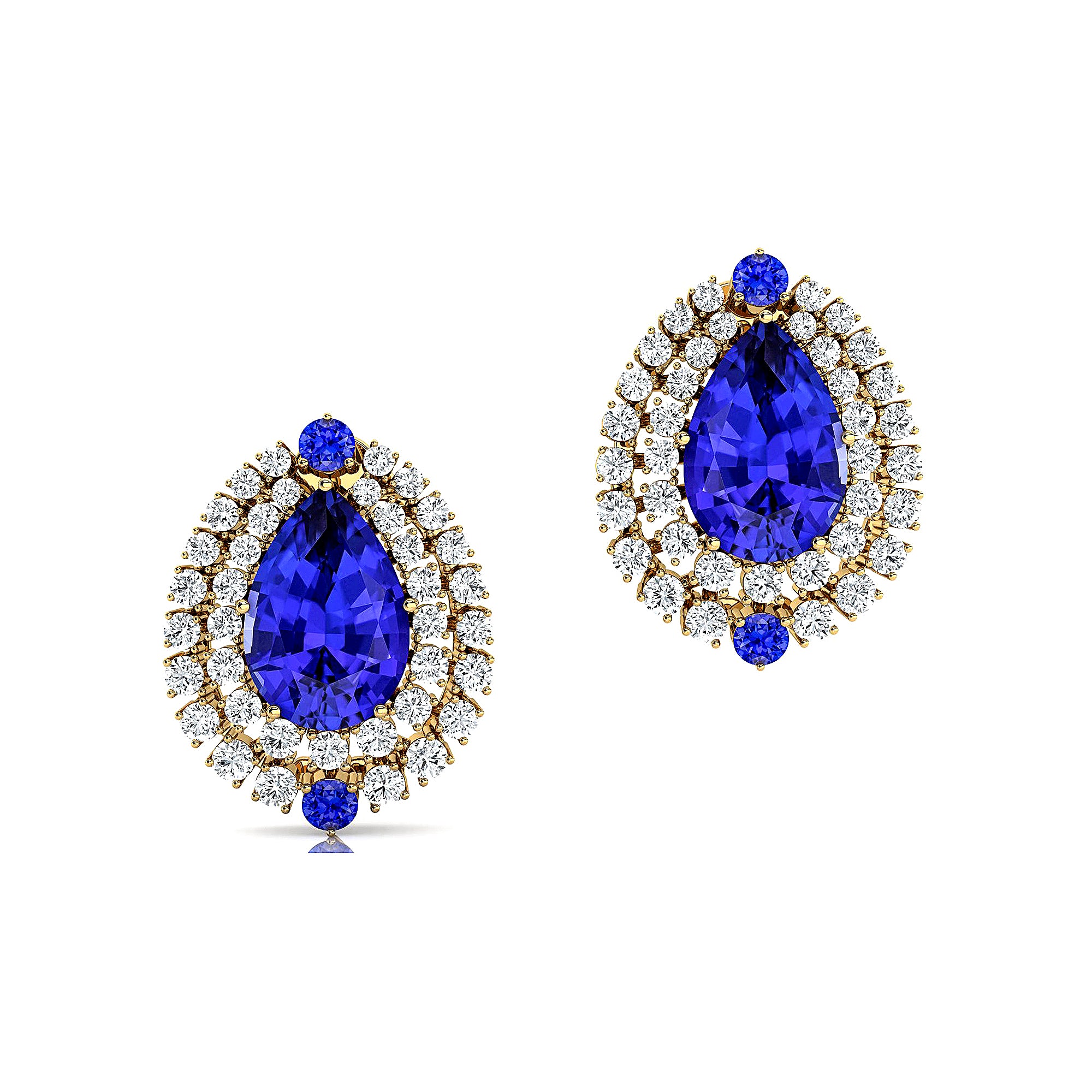 Double Halo Cluster Diamonds Teardrop Tanzanite Stud Earrings - GeumJewels