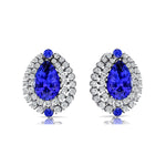 Double Halo Cluster Diamonds Teardrop Tanzanite Stud Earrings - GeumJewels