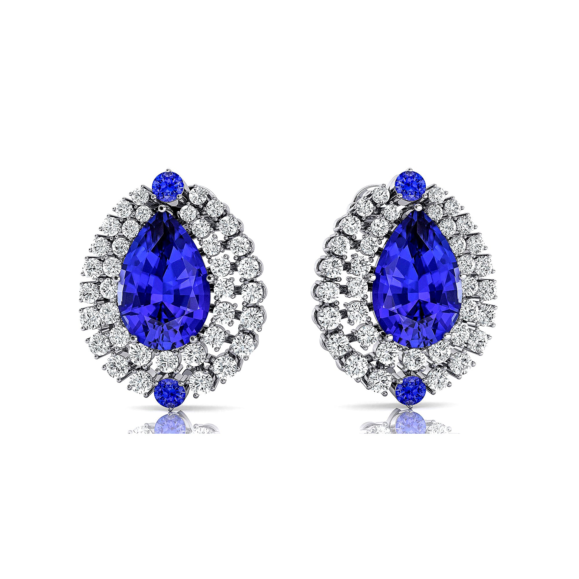 Double Halo Cluster Diamonds Teardrop Tanzanite Stud Earrings - GeumJewels