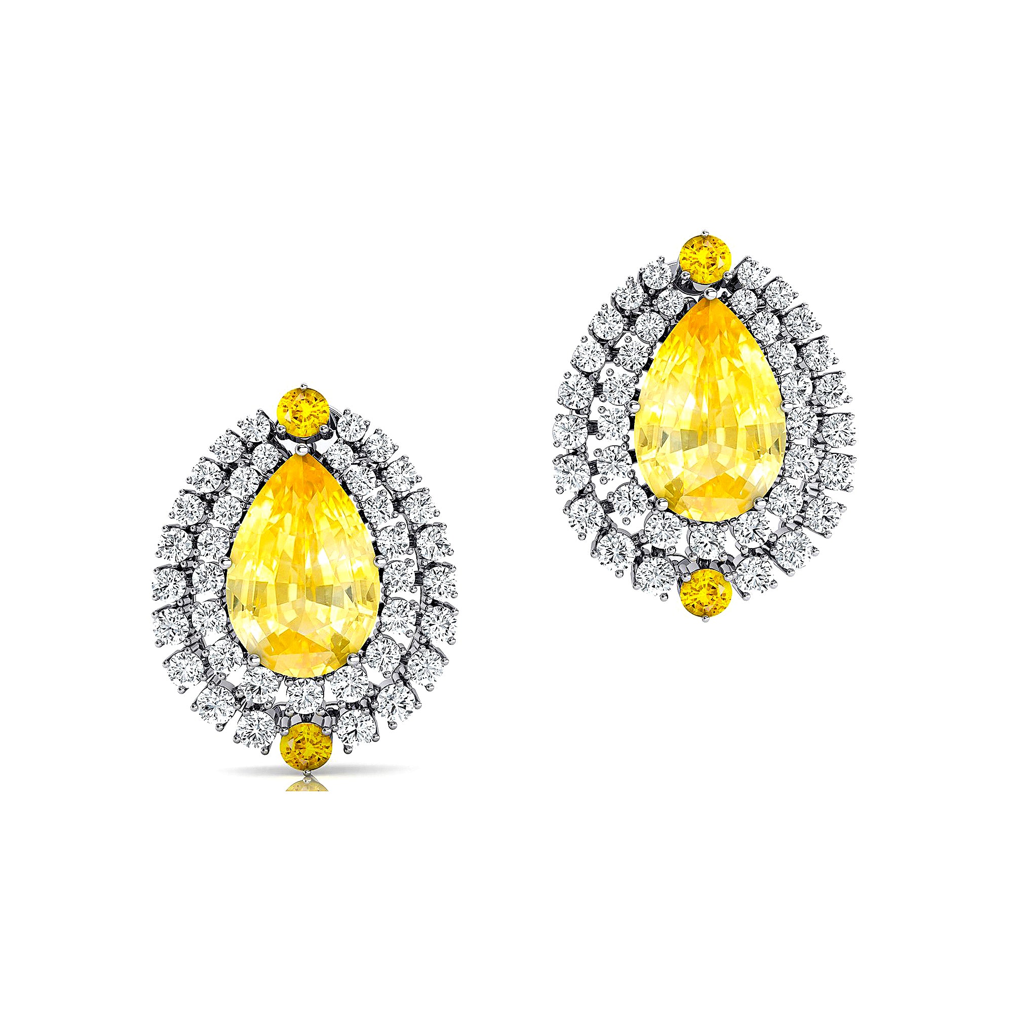 Double Halo Cluster Diamonds Teardrop Yellow Sapphire Stud Earrings - GeumJewels