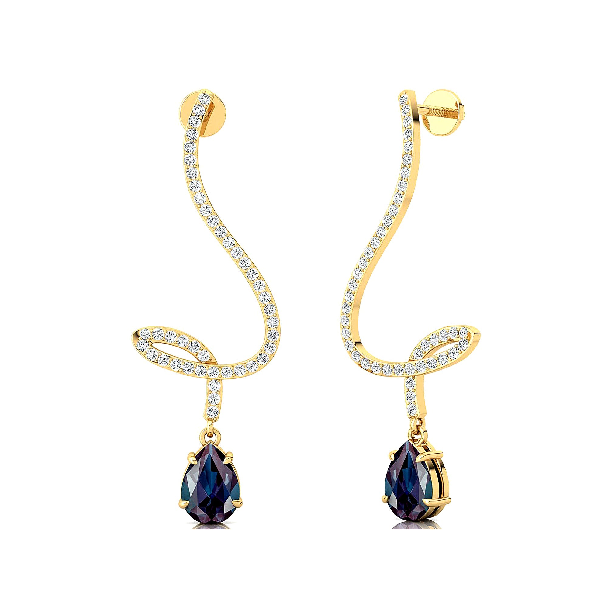 Elegant Spiral Teardrop Alexandrite Diamond Drop Earrings - GeumJewels