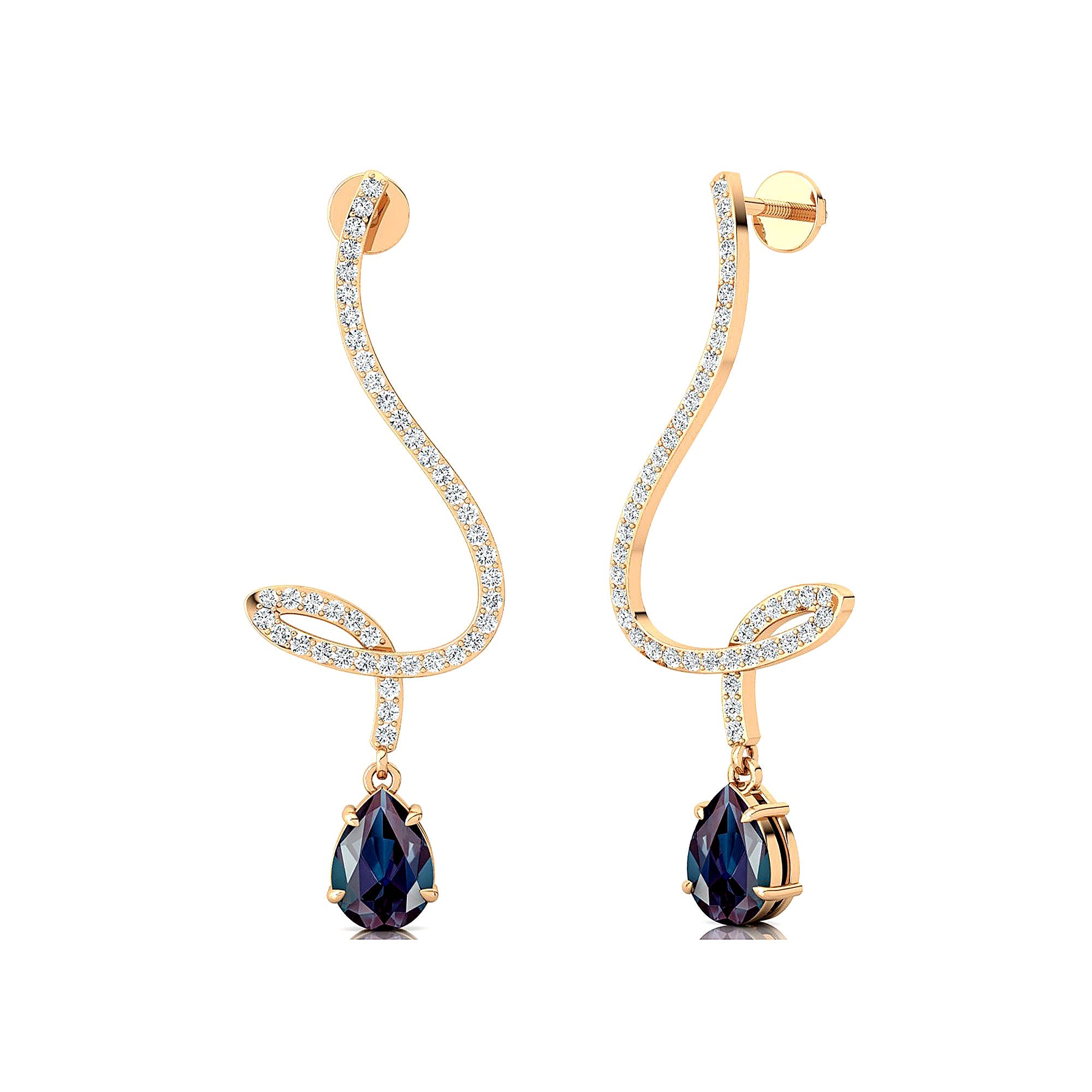 Elegant Spiral Teardrop Alexandrite Diamond Drop Earrings - GeumJewels