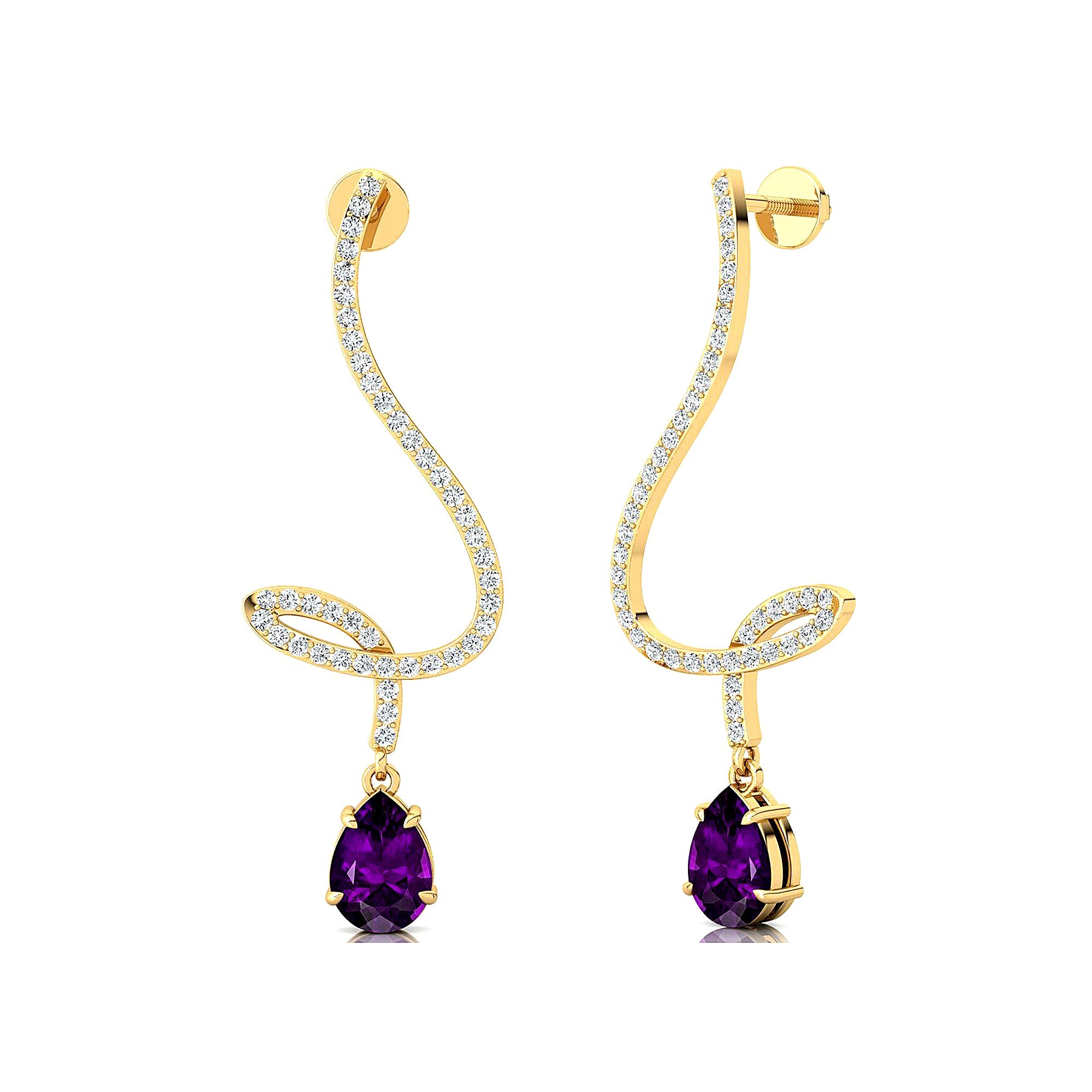 Elegant Spiral Teardrop Amethyst Diamond Drop Earrings - GeumJewels