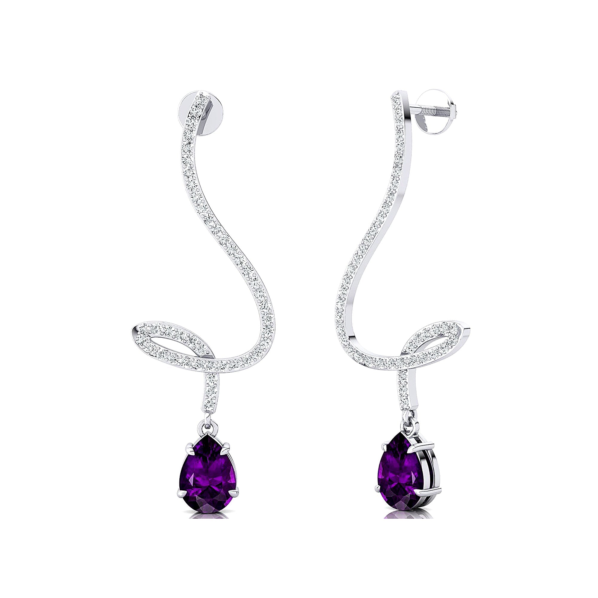 Elegant Spiral Teardrop Amethyst Diamond Drop Earrings - GeumJewels