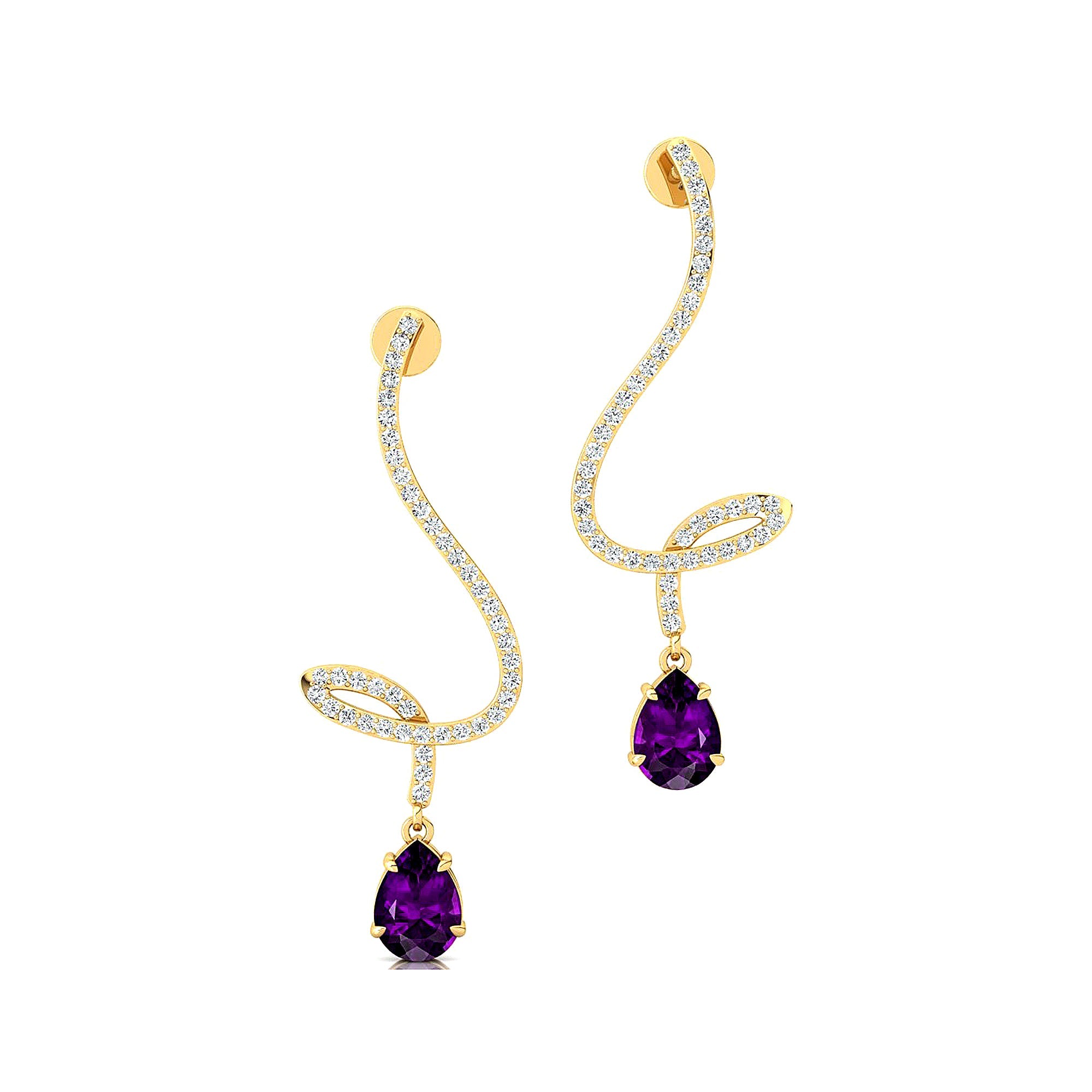 Elegant Spiral Teardrop Amethyst Diamond Drop Earrings - GeumJewels