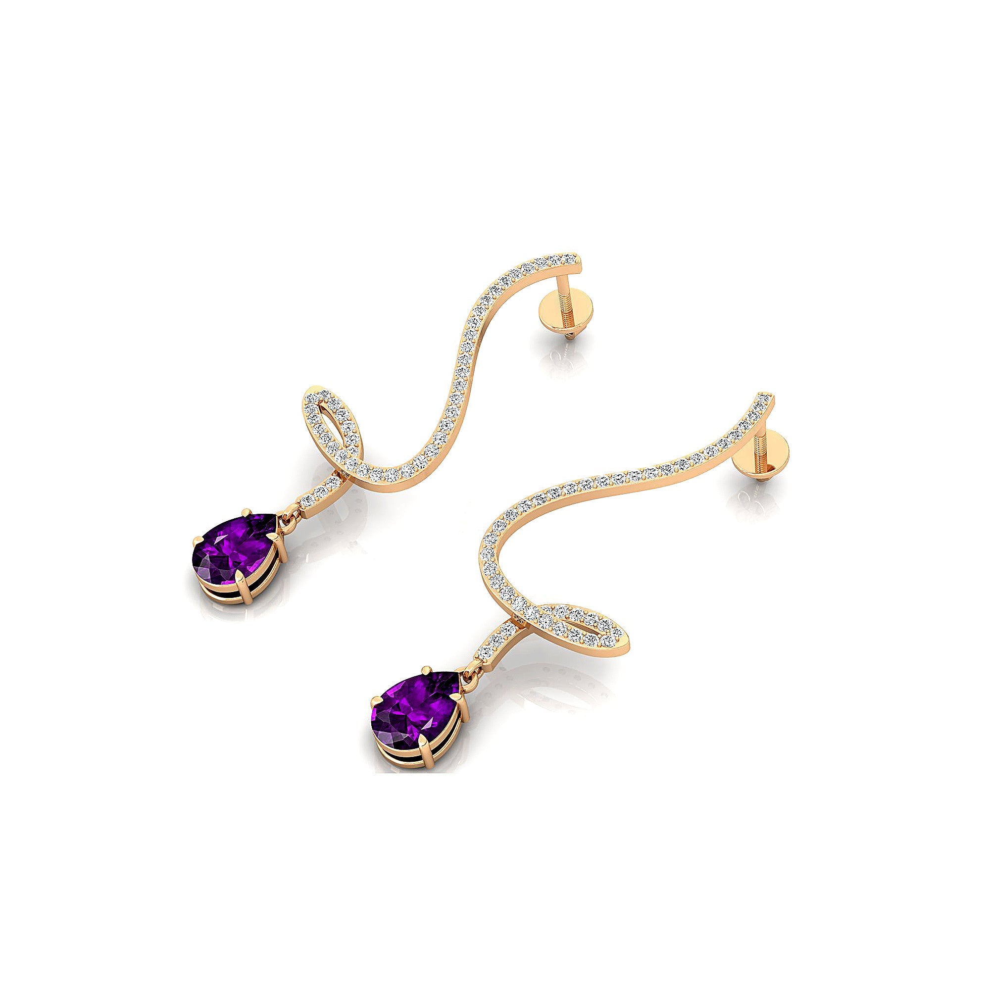 Elegant Spiral Teardrop Amethyst Diamond Drop Earrings - GeumJewels