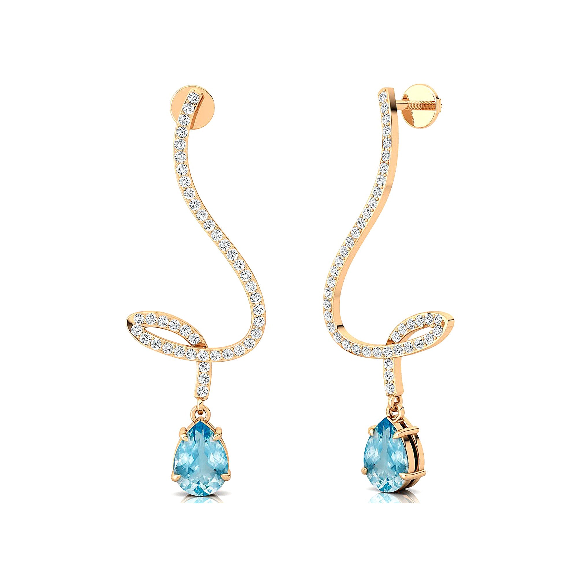 Elegant Spiral Teardrop Aquamarine Diamond Drop Earrings - GeumJewels